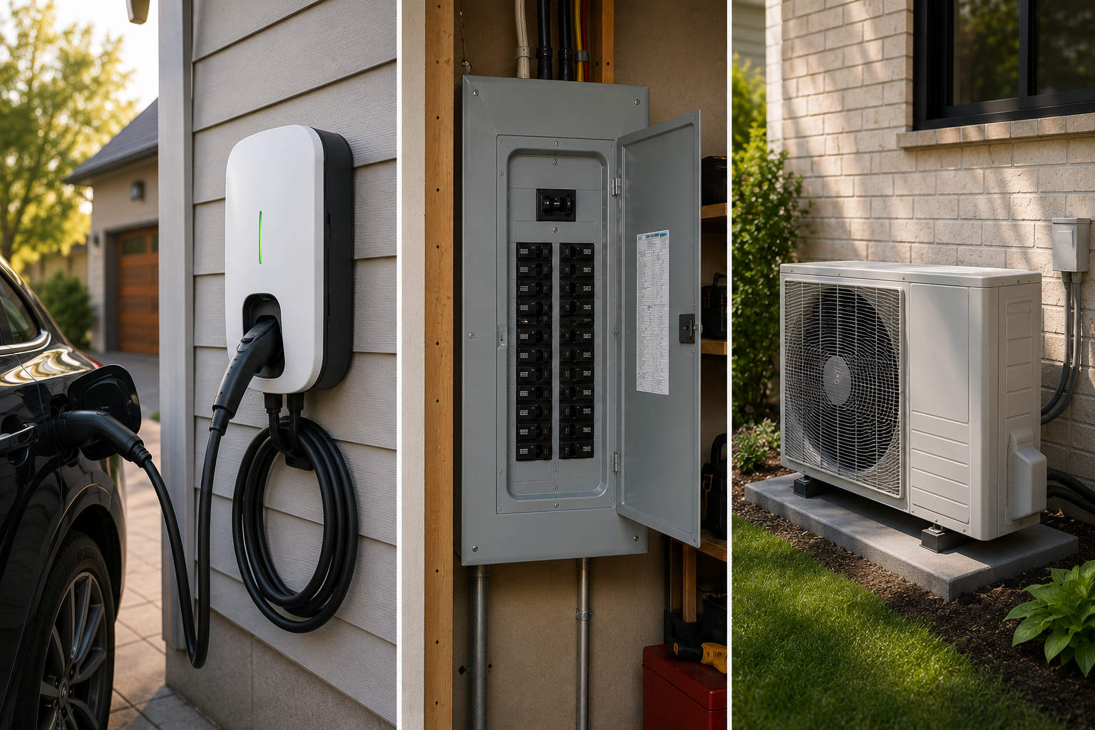 A split image showing green energy home upgrades that require a 200-amp upgrade in Dufferin, featuring an EV charger, a breaker panel, and an outdoor heat pump.