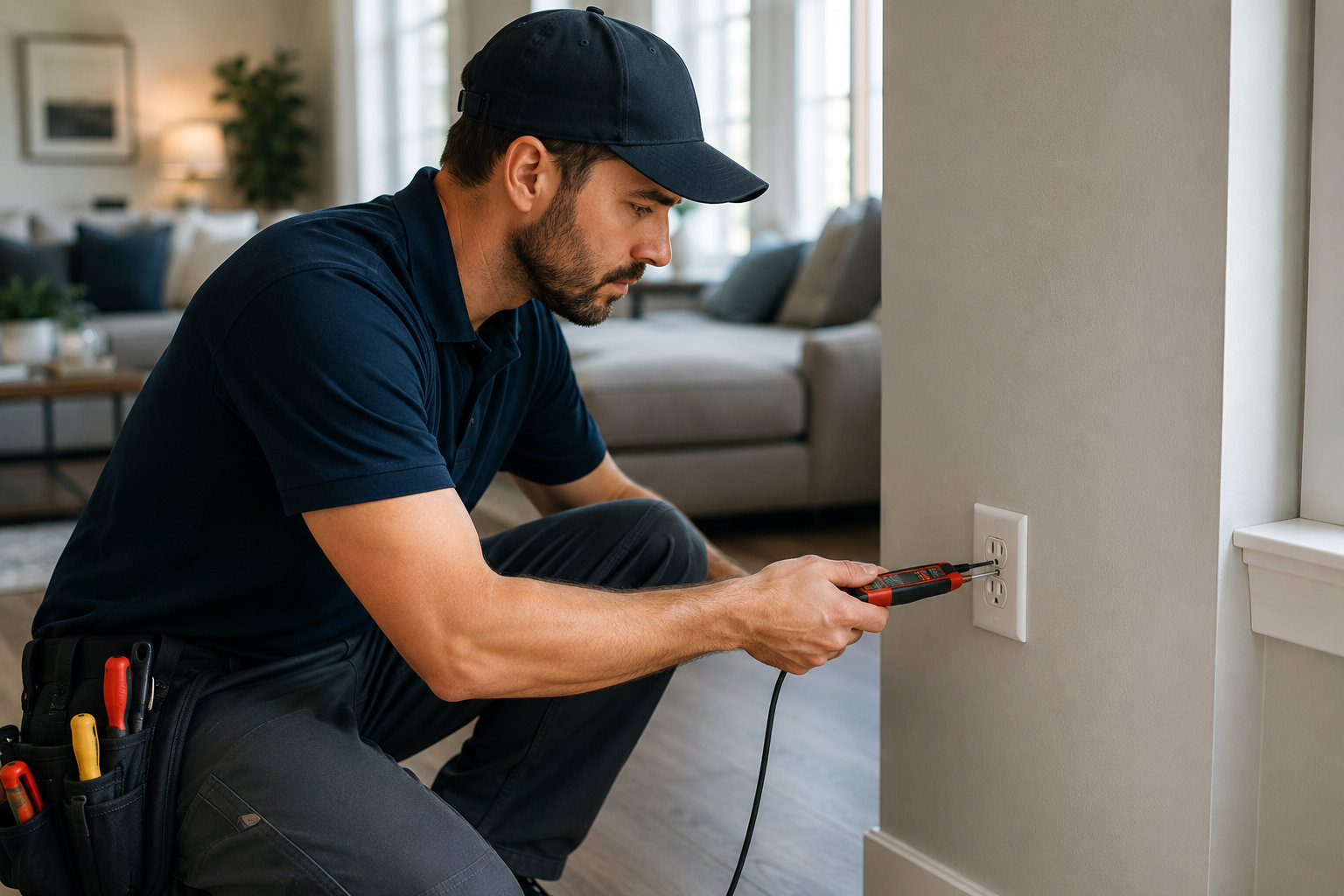 A professional electrician from EJR Electric wearing a black uniform and cap, crouching down to perform an electrical safety inspection on a living room wall outlet using a digital multimeter tester.