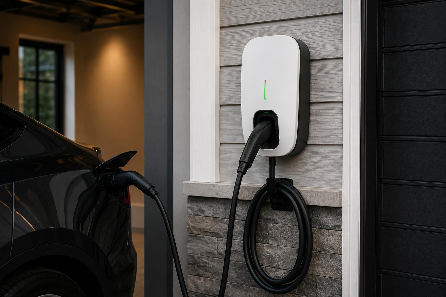 A sleek white Level 2 EV charging station mounted on home siding with its charging cable neatly looped underneath and plugged into a black electric vehicle.