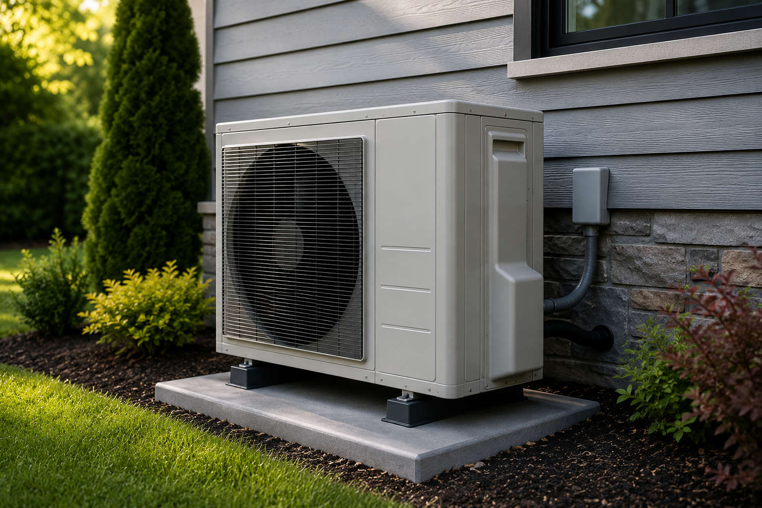 A grey outdoor heat pump unit installed on a concrete pad next to a residential house with proper electrical conduit and disconnect box preparation.