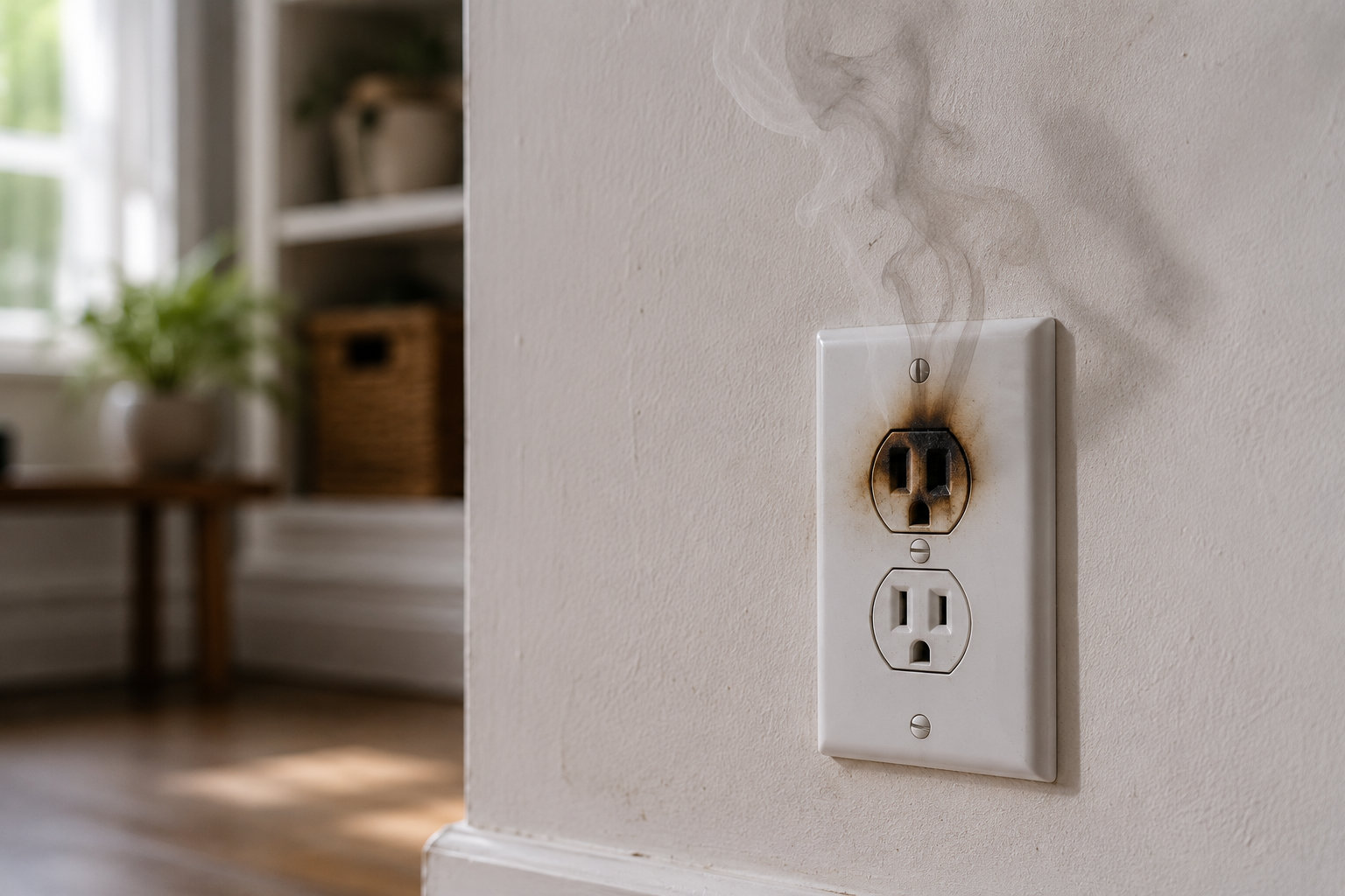 A close-up of a damaged and burned electrical wall outlet with black scorch marks around the top plug, emitting a thin trail of smoke, highlighting home wiring safety hazards.