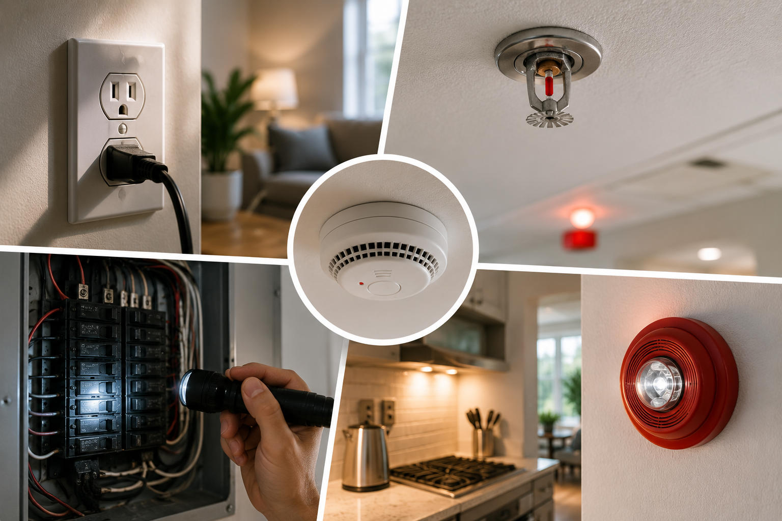 A collage showcasing integrated safety systems including a smoke detector, a wall outlet with a power cord, a ceiling fire sprinkler, an open electrical breaker panel being inspected with a flashlight, a kitchen, and a red fire alarm bell.