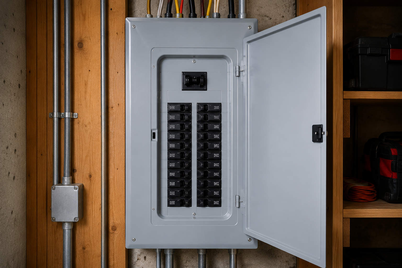 A clean, grey residential electrical panel box mounted on a wood-framed basement wall with the metal door open, displaying rows of organized circuit breakers.