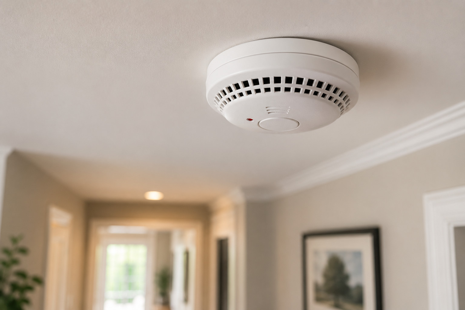 A white residential smoke detector installed on a hallway ceiling with its red indicator light on, representing routine smoke detector maintenance and home fire safety.