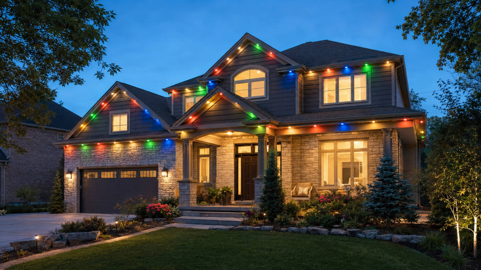 Two-storey home with colorful Gemstone Lights installed along the roofline and soffits at dusk.