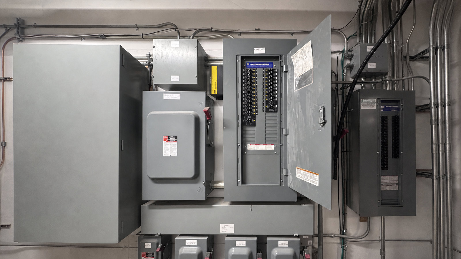 Open commercial electrical breaker panel and main power distribution boxes mounted on a wall.