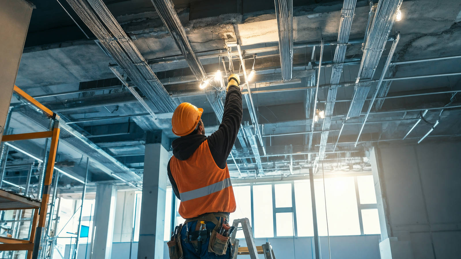Commercial electrician wearing a hardhat inspecting overhead ceiling wiring and lighting in a building.