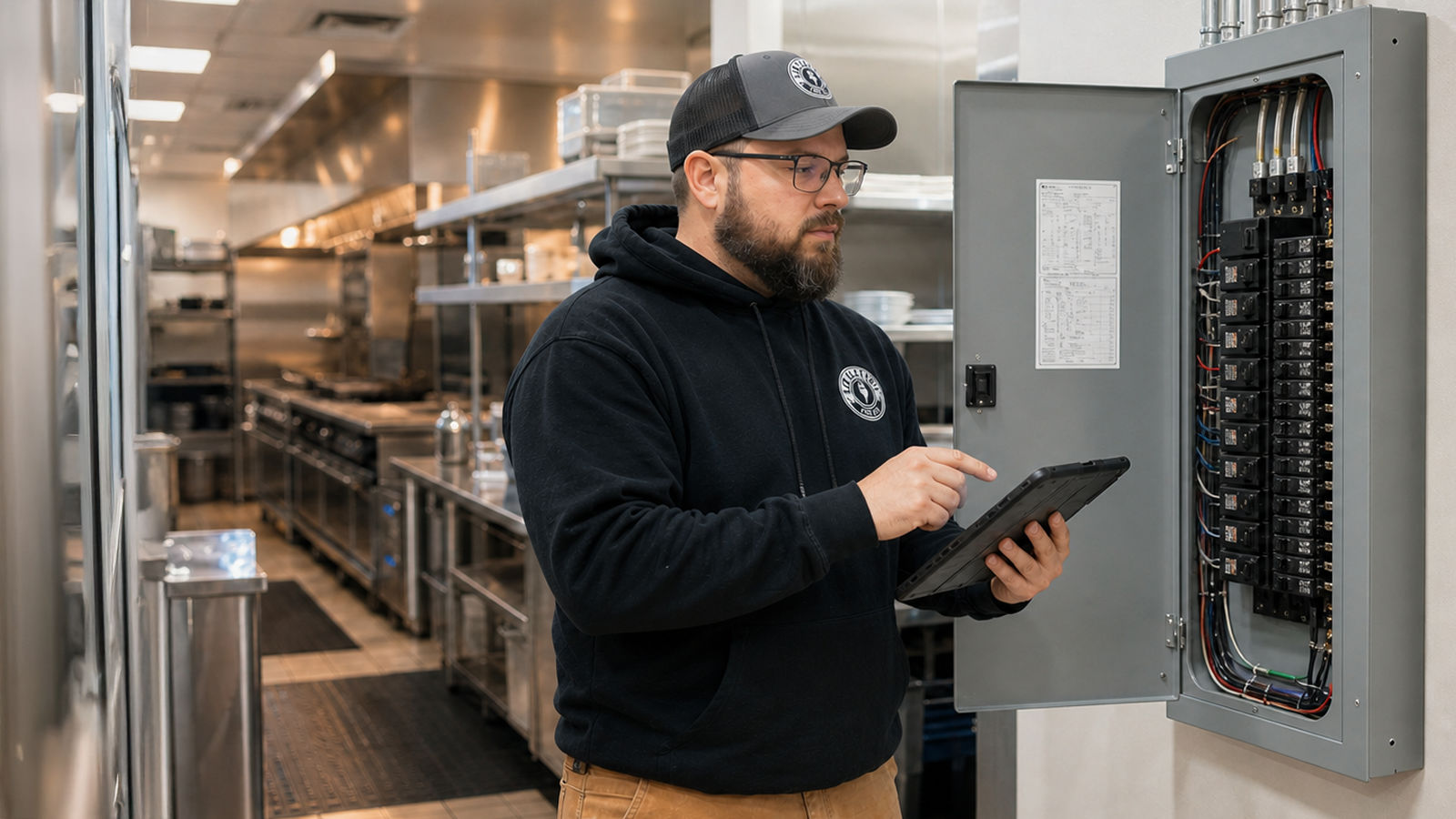 Electrician using a digital tablet to inspect an open commercial electrical panel in a restaurant kitchen.