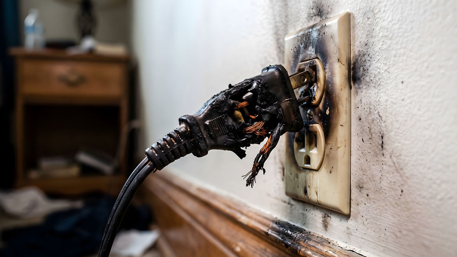 Melted and severely burnt power plug melted into a wall outlet, showing severe electrical damage and fire risk.