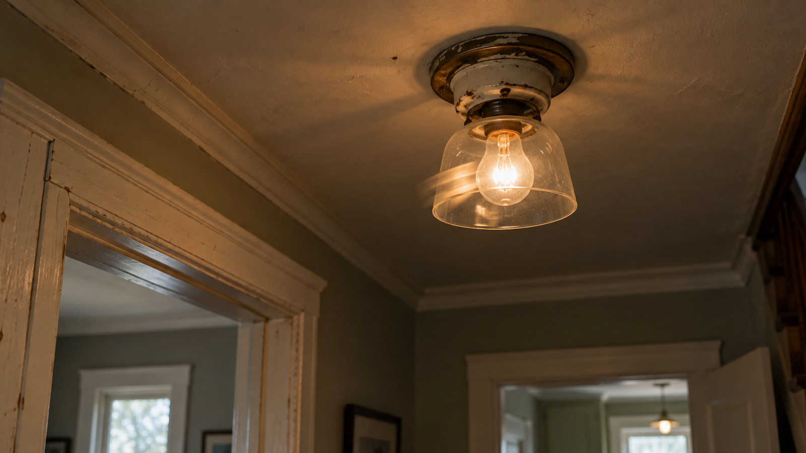 A vintage ceiling light fixture flickering in a hallway, indicating potential older home electrical issues.