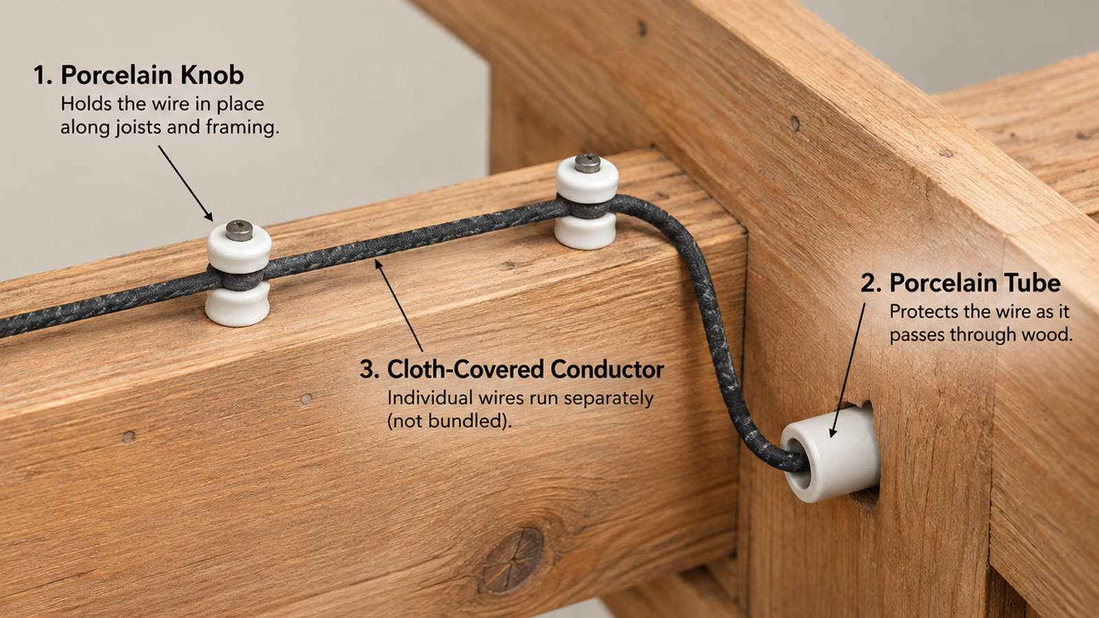 Diagram explaining knob and tube wiring components including porcelain knob, porcelain tube, and cloth-covered conductor.