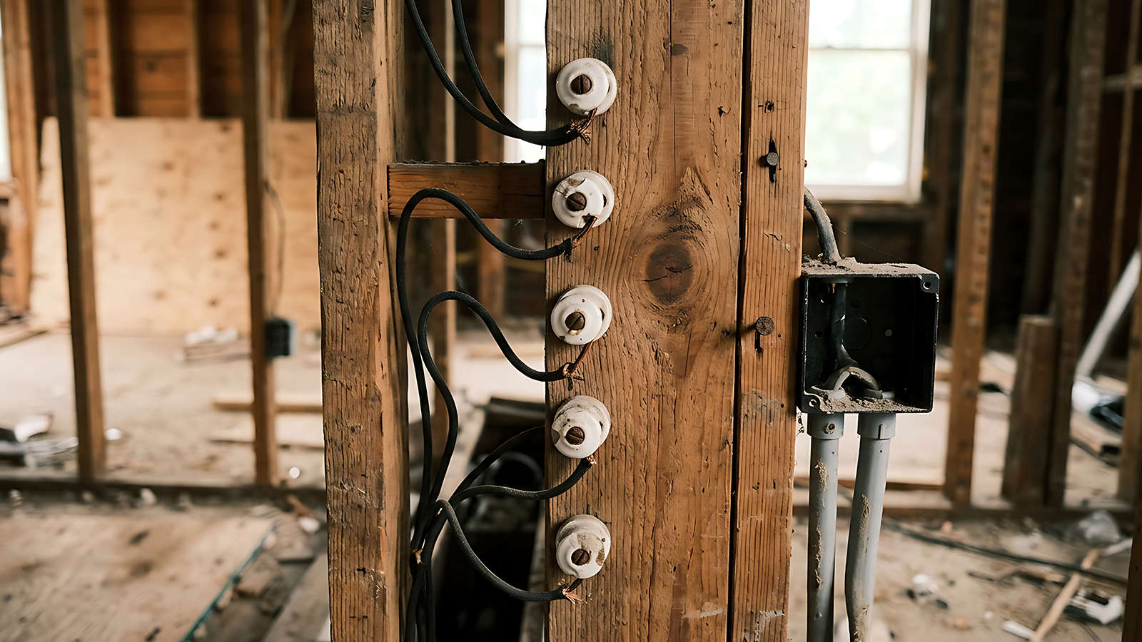 Exposed original knob and tube wiring along exposed wood wall framing in an older home under renovation.