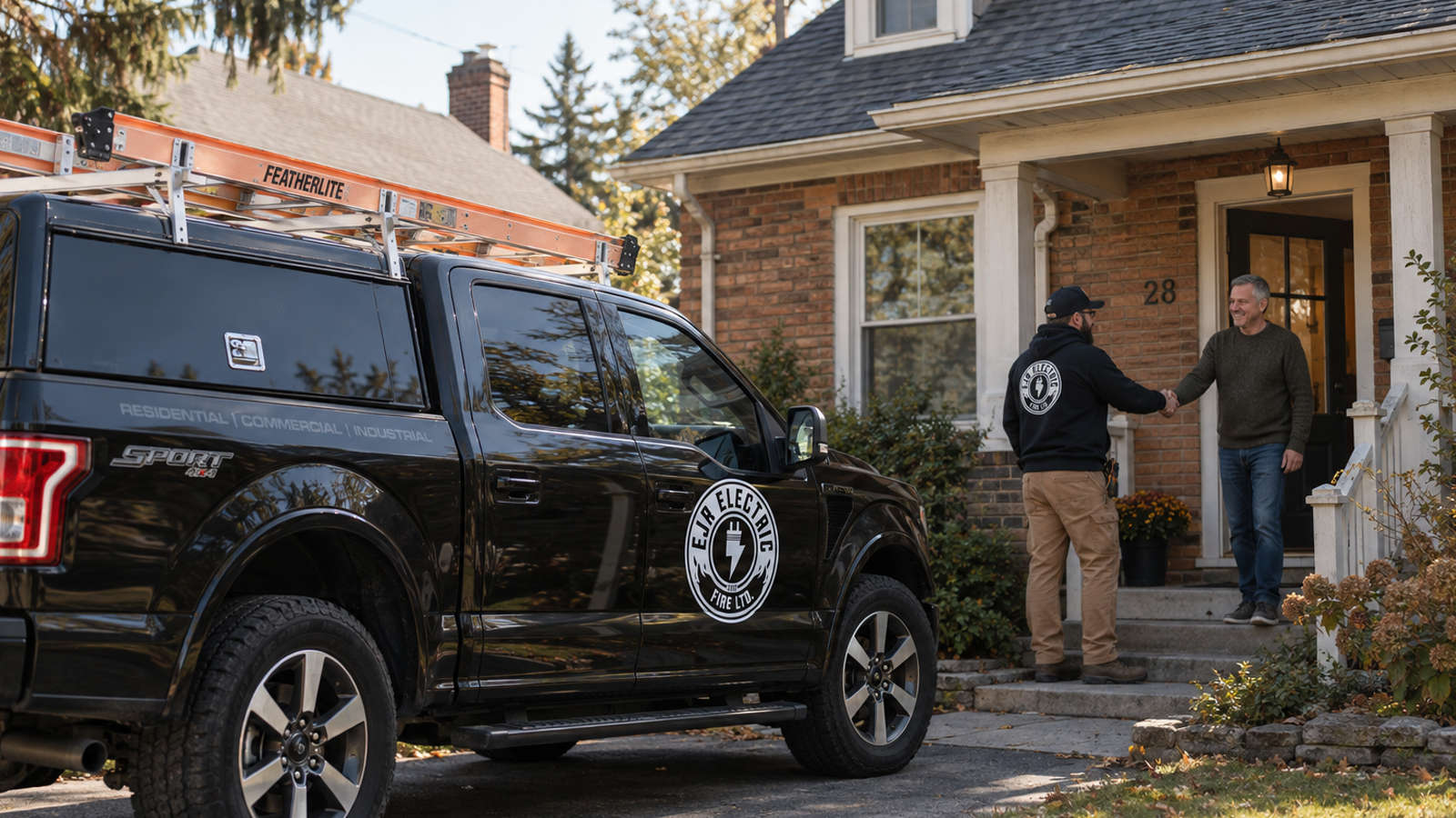 An EJR Electric licensed electrician shaking hands with a homeowner outside an older residence before an electrical assessment.