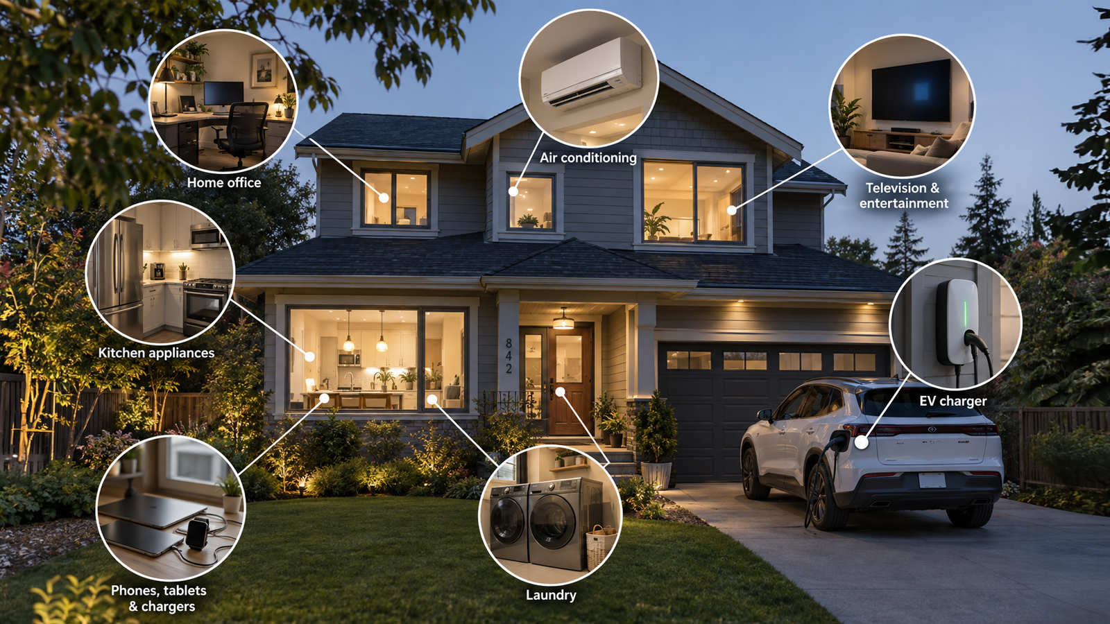 Exterior of a modern home highlighting high electrical demand uses like EV chargers, home offices, and air conditioning.