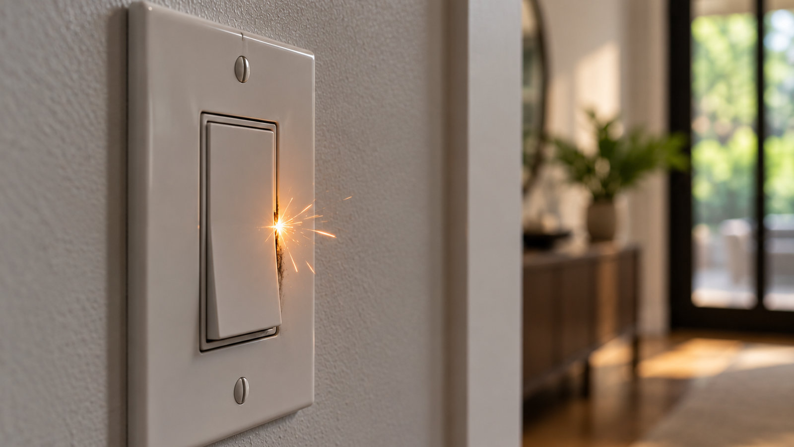 Bright electrical spark short-circuiting out from the side of a white light switch plate on an interior wall.