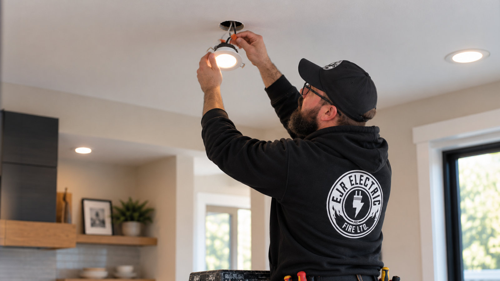 Licensed EJR Electric contractor wiring and adjusting an LED pot light fixture during a home lighting installation.