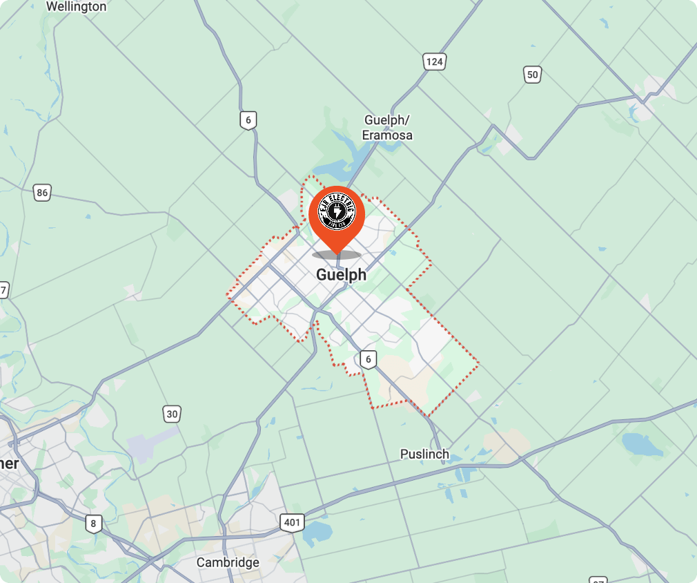 Map showing EJR Electric & Fire at 42 Meadow Drive in Orangeville, Ontario