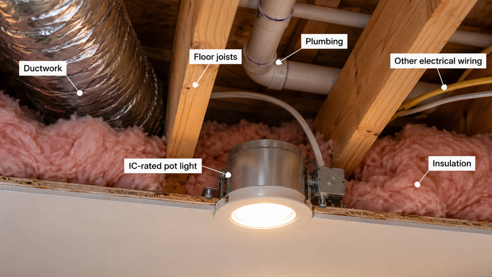 Cutaway view of ceiling joists showing an IC-rated pot light surrounded by insulation, ductwork, plumbing, and electrical wiring.