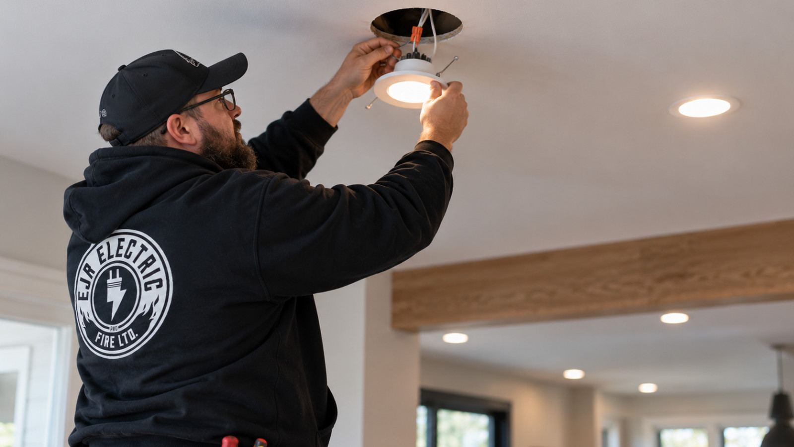 Professional electrician from EJR Electric installing an LED pot light fixture into a ceiling hole in an Orangeville home.