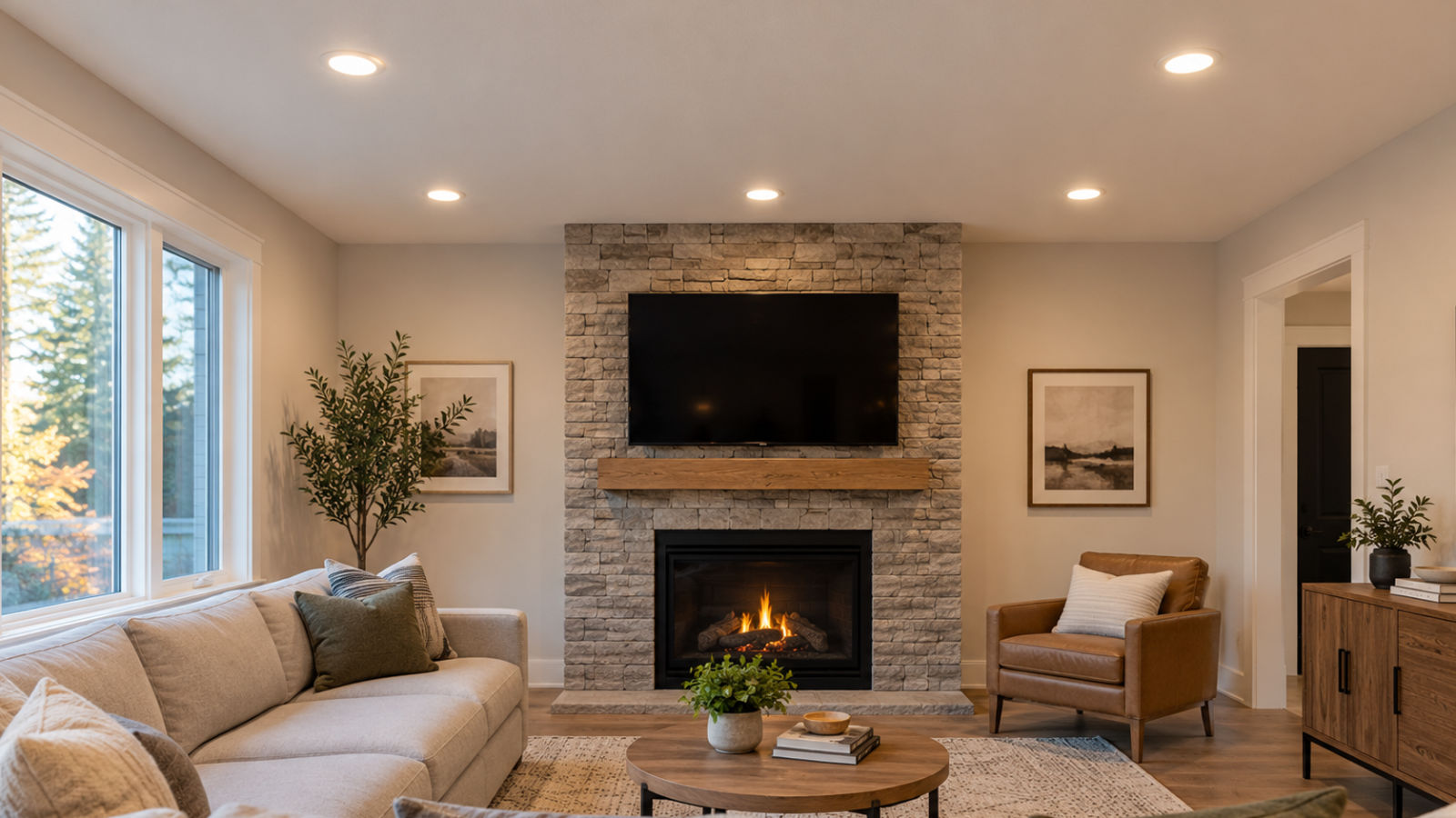 Modern living room with warm recessed pot lights installed evenly across the ceiling accenting a stone fireplace.